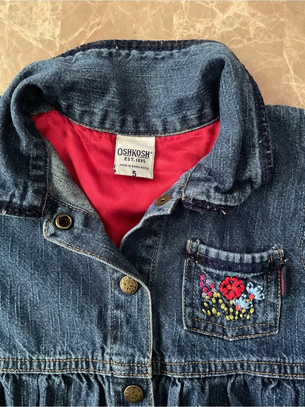 Vintage OshKosh Bgosh Girls 3t Blue Denim Floral Embroidered Ruffle Dress